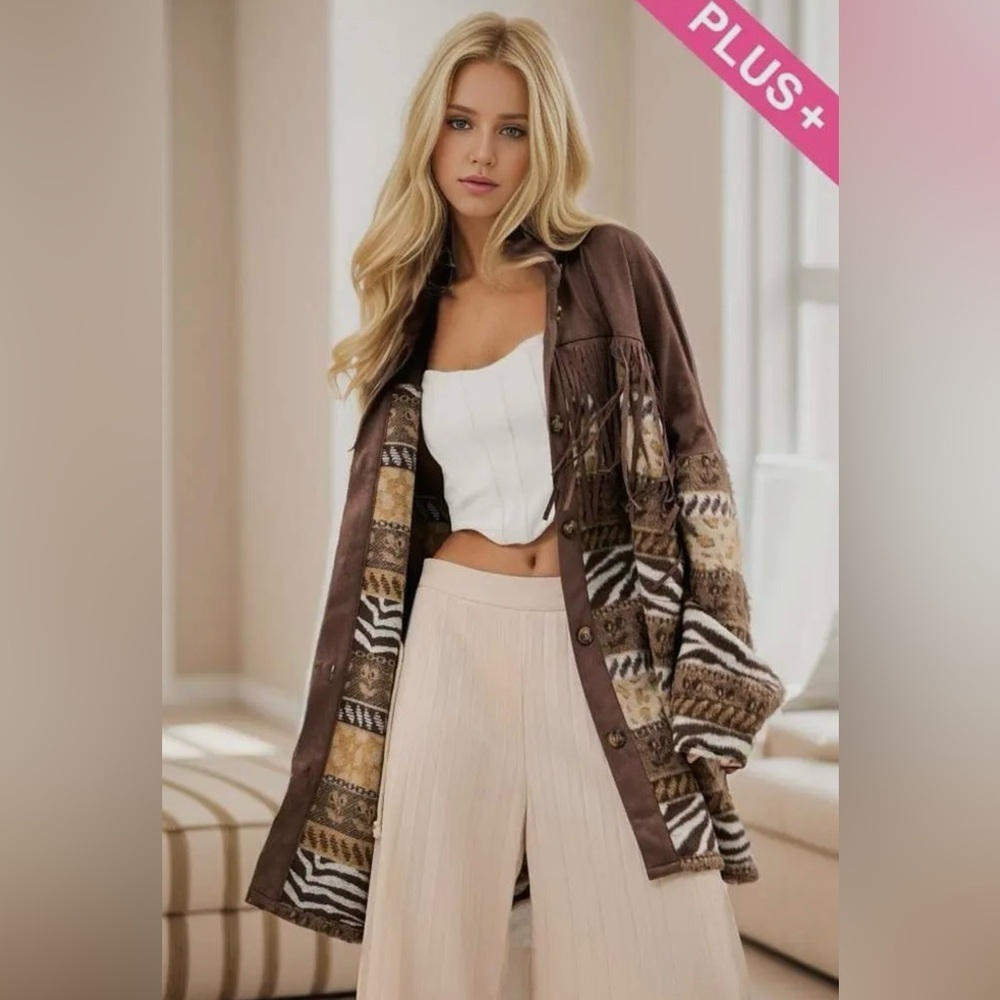 NWT!Plus Size Fringe Button Down Long Sleeve Loose Fit Jacket Sizes 1X 2X 3X - Picture 3 of 7